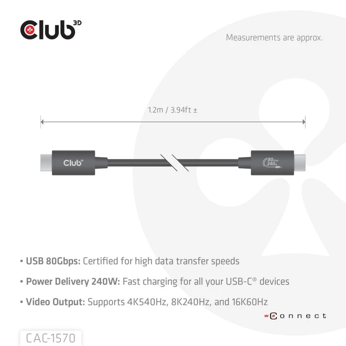 Club 3D USB-C Kabel, USB4 Gen4x2, 80Gb/s, 8K240Hz, 240W PD EPR, USB-C Stecker auf USB-C Stecker, 1.2m, schwarz