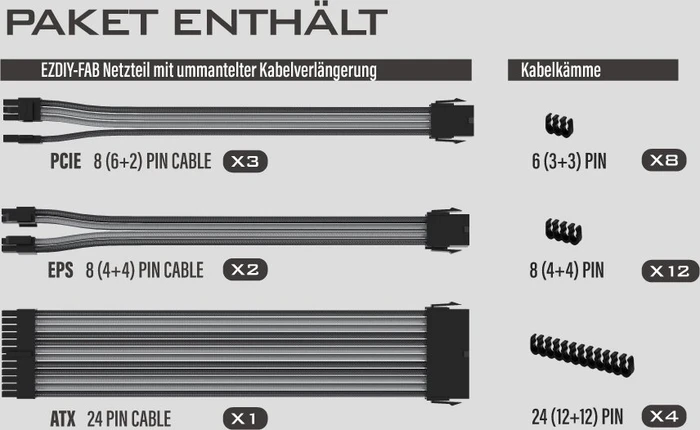 EZDIY-FAB Cable Extension Kit, 1x 24-Pin, 2x 4/8-Pin ATX, 3x 8-Pin PCIe, 18AWG, schwarz/grau