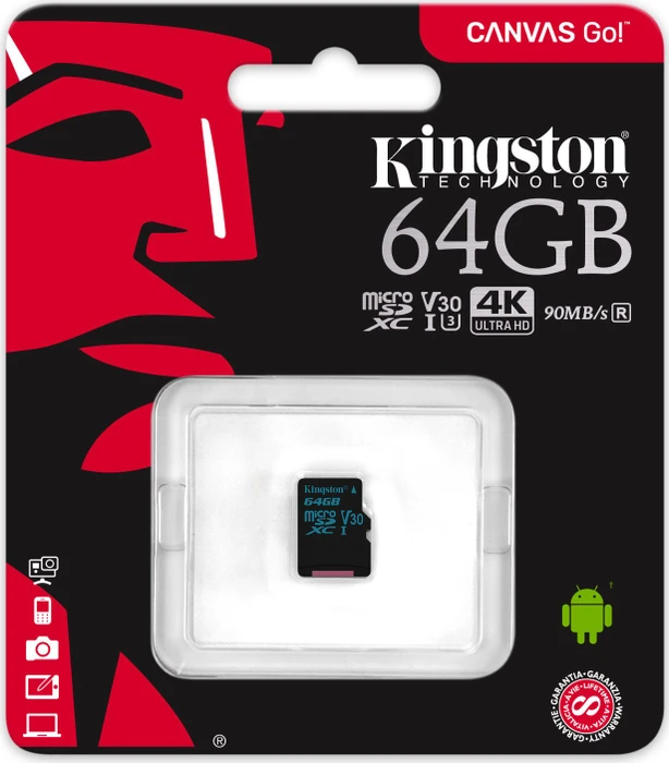 Kingston Canvas Go! R90/W45 64GB, UHS-I U3, Class 10