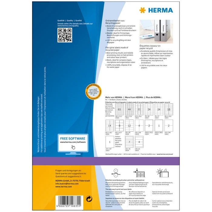 Herma Ordneretiketten Recycling, 192x61mm, weiß, matt, 100 Blatt (400 Etiketten)