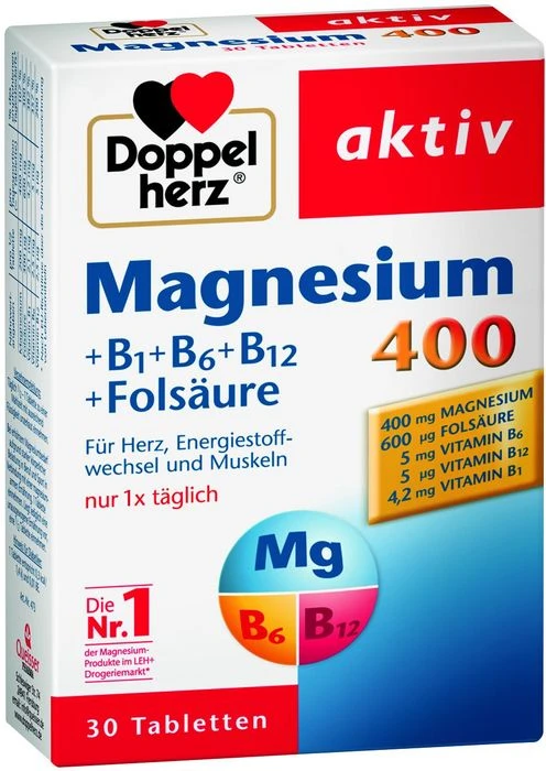 Doppelherz Magnesium 400 + B1 + B6 + B12 + Folsäure, 30 Stück
