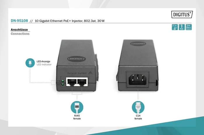 Digitus Wallmount 10G PoE-Injektor, 2x RJ-45, 30W PoE+