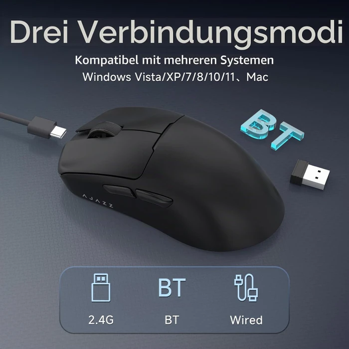 Ajazz AJ159 V2 MC Wireless Gaming Mouse mit Akku-Ladestation, schwarz, USB/Bluetooth