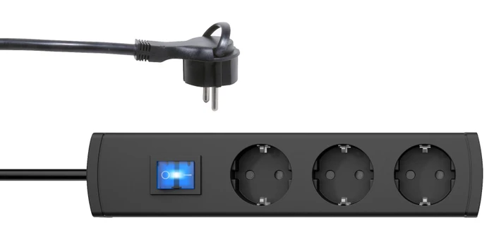 Kopp Steckdosenleiste UNOversal Plus mit Schalter und extraflachem Winkelstecker, 3-fach, 1.4m, schwarz