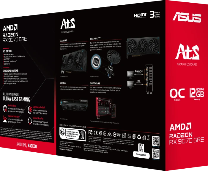ASUS ATS Radeon RX 9070 GRE OC, ATS-RX9070GRE-O12G, 12GB GDDR6, HDMI, 3x DP