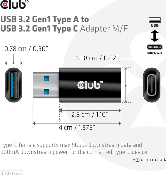 Club 3D USB 3.0 Adapter, USB-A 3.0/USB-C 3.0