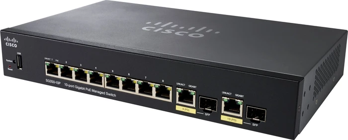 Cisco SG350 Desktop Gigabit Managed Switch, 8x RJ-45, 2x RJ-45/SFP, 62W UPoE