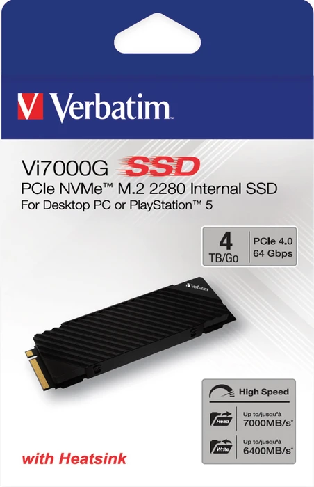 Verbatim Vi7000G PCIe NVMe SSD 4TB, M.2 2280 / M-Key / PCIe 4.0 x4, Kühlkörper