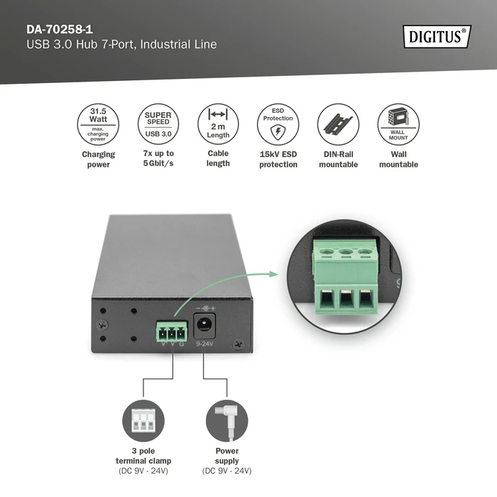 Digitus Industrial Railmount 7-port USB 3.0 Hub, USB-B 3.0 [Buchse]