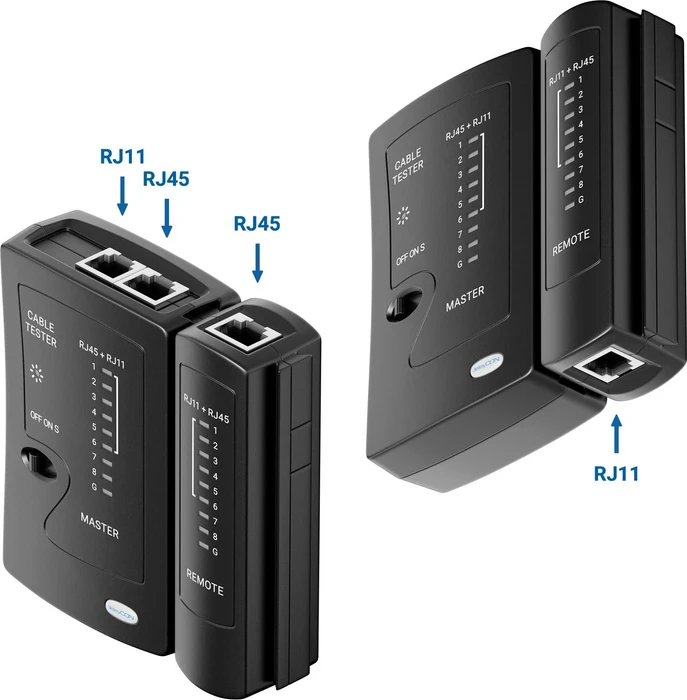 deleyCON Netzwerk-Kabeltester für RJ45/RJ12/RJ11, schwarz