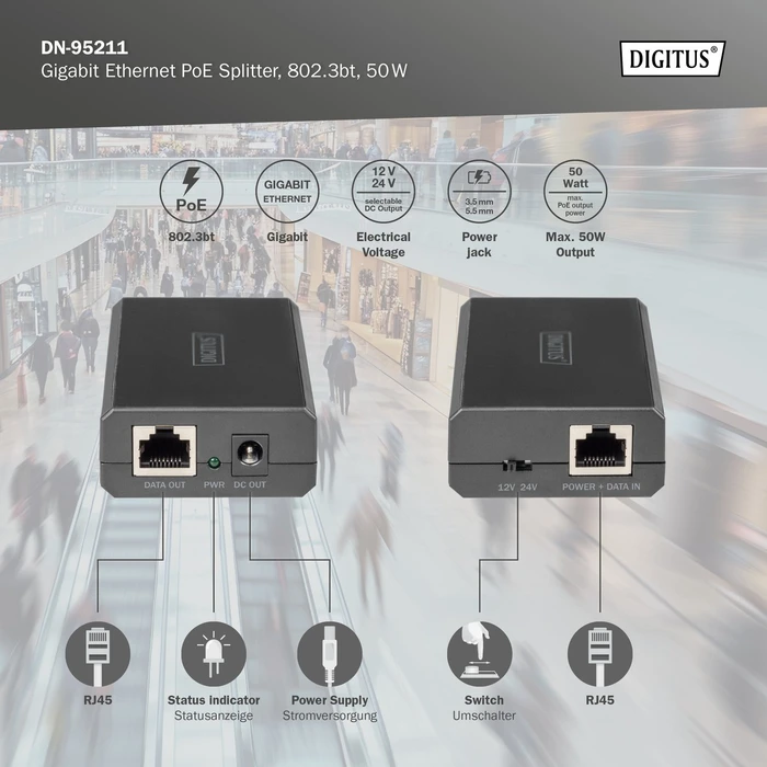 Digitus Gigabit PoE-Splitter, 2x RJ-45, PoE PD