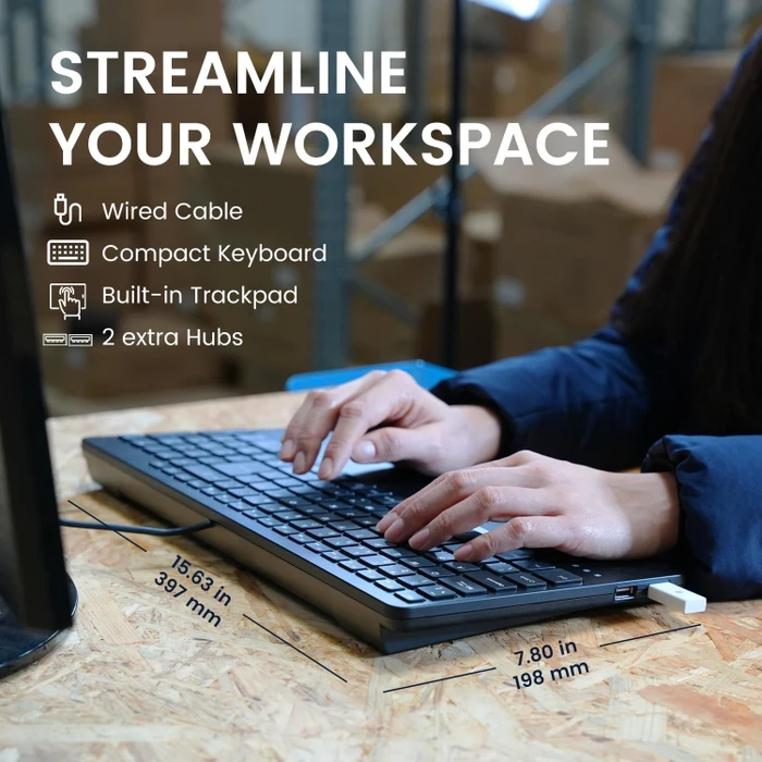 Perixx Periboard-534 Wired Compact Keyboard with Touchpad and USB Hubs, schwarz, USB, US