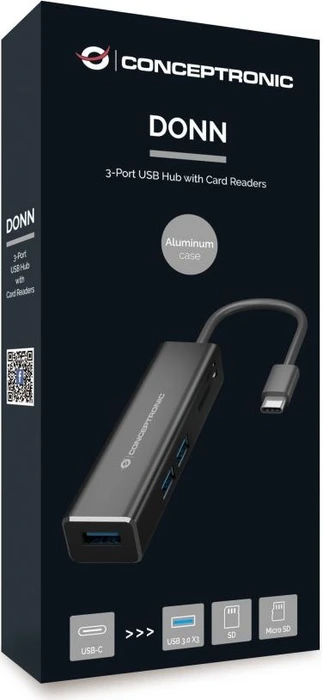 Conceptronic 3-Port USB-Hub mit Kartenleser, USB-C 3.0 [Stecker]