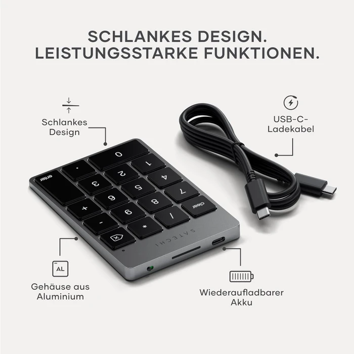 Satechi Aluminum Slim Wireless Keypad (USB-C), Space Gray, Bluetooth