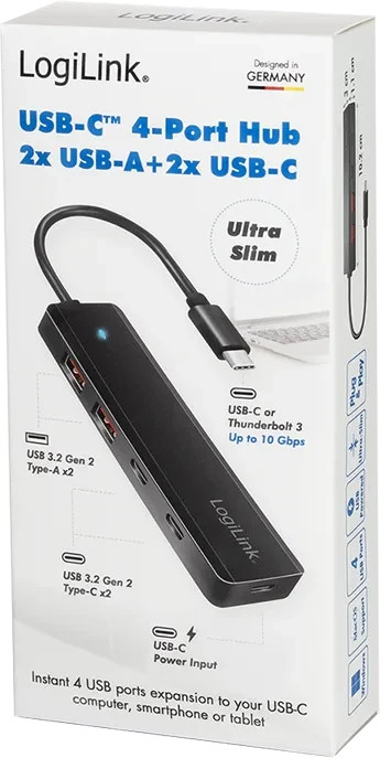 LogiLink Ultra-Slim USB-Hub, 2x USB-C 3.1/2x USB-A 3.1, USB-C 3.1 [Stecker]