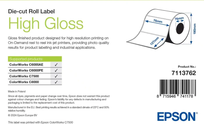 Epson Endlosetiketten High Gloss Die-Cut Roll Label, 76x127mm, weiß, hochglänzend, 960 Etiketten