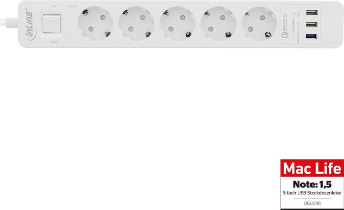 InLine Steckdosenleiste, 3x USB, Überspannungsschutz, Quick Charge, 5-fach, 1.5m, weiß