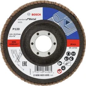 Bosch Professional X431 Standard for Metal Fächerschleifscheibe gewinkelt K120, 115x22.23mm, 1 Stück