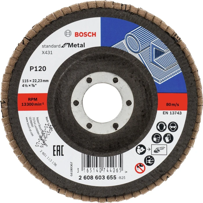 Bosch Professional X431 Standard for Metal Fächerschleifscheibe gewinkelt K120, 115x22.23mm, 1 Stück