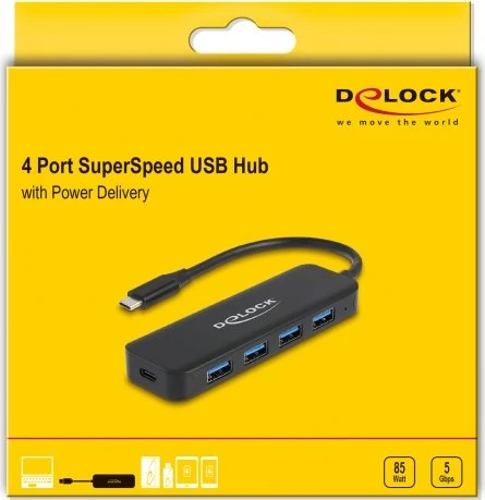 DeLOCK 4-Port USB-Hub mit PD, 4x USB-A 3.0, USB-C 3.0 [Stecker]