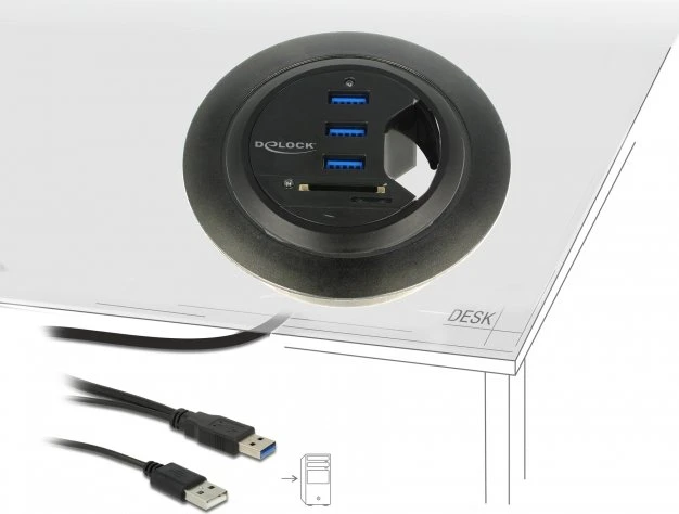 DeLOCK Tisch-Hub, 3x USB-A 3.0, Cardreader, USB-A 3.0 [Stecker]