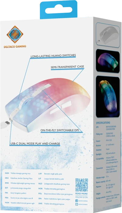 Deltaco WM89 Wireless RGB Lightweight Gaming Mouse weiß/transluzent, USB