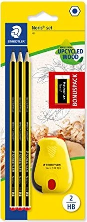 Staedtler Noris 120 Bleistift HB graphit, schwarz/gelb, Radierer, Anspitzer, 3er-Pack