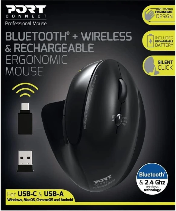 Port Designs Wireless Rechargeable Ergonomic Mouse, USB/Bluetooth