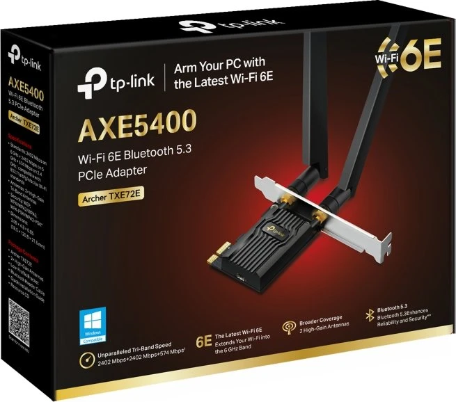 TP-Link AXE5400, 2.4GHz/5GHz/6GHz WLAN, Bluetooth 5.3, PCIe x1