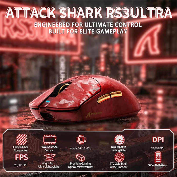 Attack Shark RS3 ULTRA Carbon Fiber 8KHz Wireless, Forged Red, USB/Bluetooth