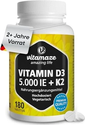 Vitamaze Vitamin D3 5.000 IE + K2 100µg hochdosiert Tabletten, 180 Stück