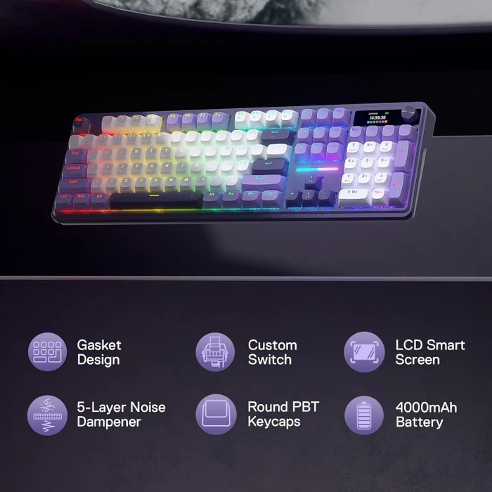 Redragon Terraflare K762 Pro Wireless, White & Purple, LEDs RGB, Mint Mambo, USB/Bluetooth, US
