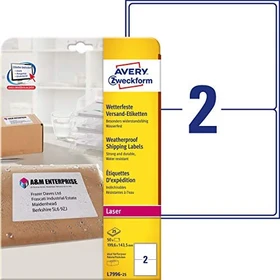 Avery-Zweckform Versandetiketten, 199.6x143.5mm, wetterfest, weiß, 25 Blatt (50 Etiketten)