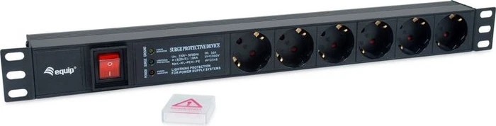 Equip 19" PDU Aluminium Steckdosenleiste, mit Schalter, Überspannungsschutz, 1HE, 6-fach, 16A/240V, schwarz, 1.8m