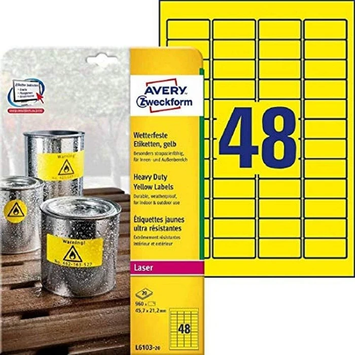 Avery-Zweckform Folienetiketten, 45.7x21.2mm, wetterfest, gelb, 20 Blatt (960 Etiketten)