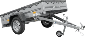 Unitrailer Garden Trailer 201 Kipp mit grauer Flachplane, Stützrad und Flachplaneträger