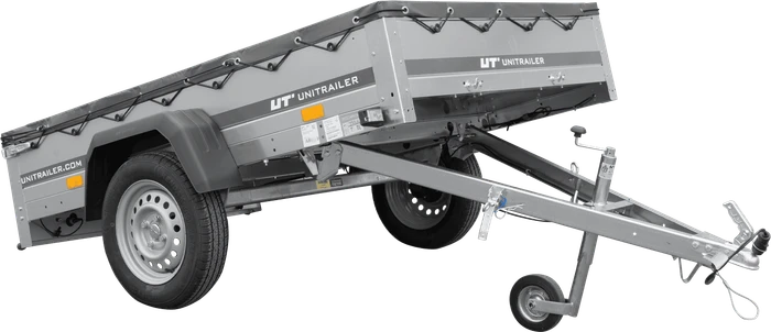 Unitrailer Garden Trailer 201 Kipp mit grauer Flachplane, Stützrad und Flachplaneträger