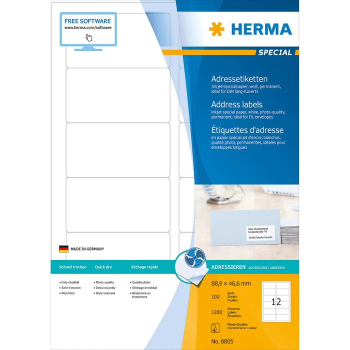 Herma Adressetiketten Inkjet, 88.9x46.6mm, weiß, matt, 100 Blatt (1200 Etiketten)
