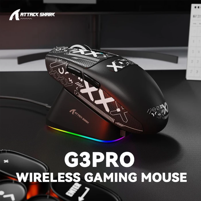 Attack Shark G3Pro Tri-mode Wireless Gaming Mouse mit Ladestation, Black, inkl. Grip Tape, USB/Bluetooth