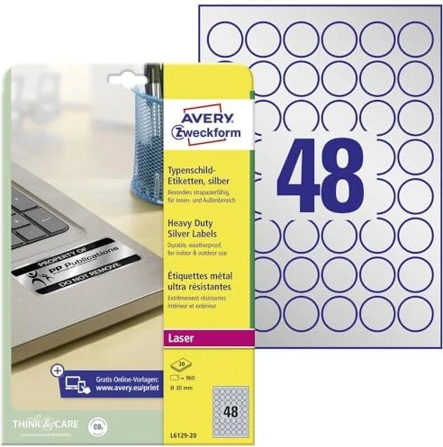 Avery-Zweckform Typenschildetiketten rund, 30mm, wetterfest, silber, matt, 20 Blatt (960 Etiketten)