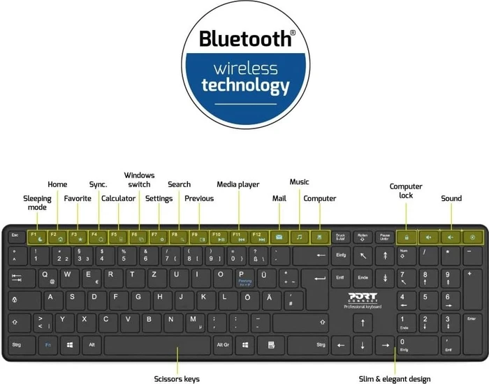 Port Designs PORT Connect Office Pro Rechargeable Keyboard, schwarz, Bluetooth, DE