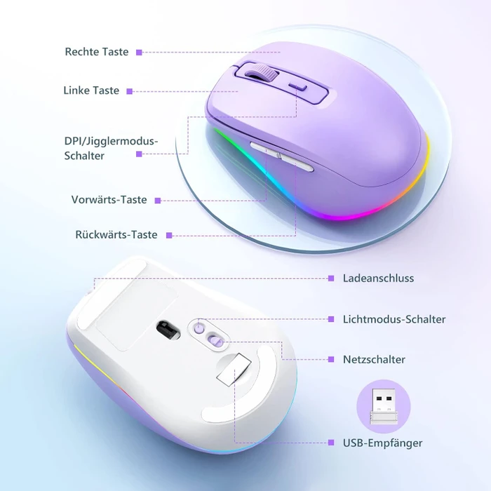Seenda Rechargeable Wireless RGB Mouse mit Jiggler-Funktion, violett, USB