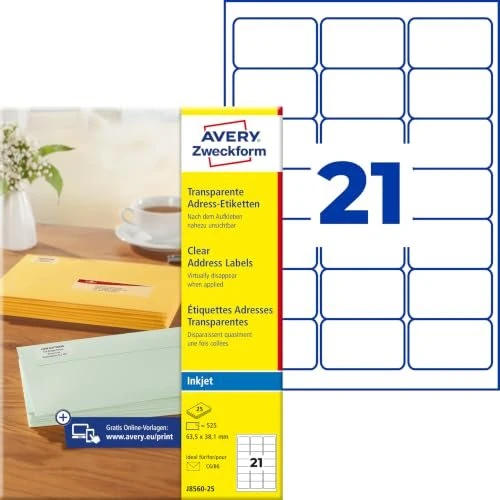 Avery-Zweckform Adressetiketten Sonderformat, 63.5x38.1mm, transparent, 25 Blatt (525 Etiketten)