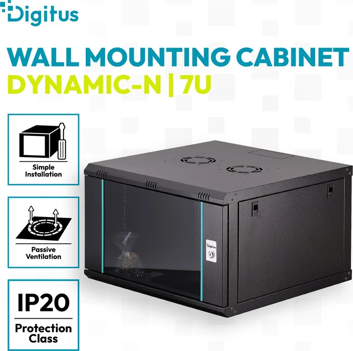 Digitus Dynamic-N Serie 19" Wandgehäuse 7HE, unmontiert, Sicherheitsglastür, IP2X, RAL 9005, 600mm tief