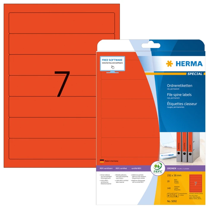 Herma Ordneretiketten, 192x34mm, rot, 20 Blatt (140 Etiketten)