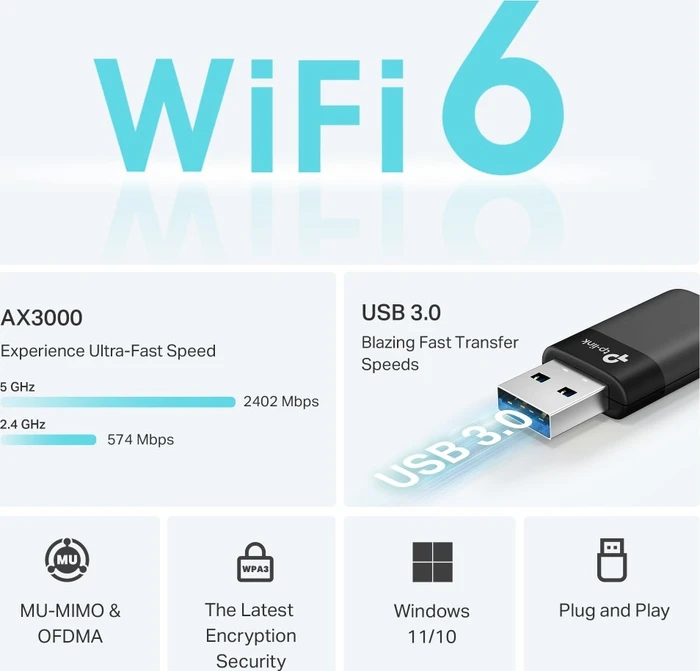 TP-Link TX50U, Wi-Fi 6, AX3000, 2.4GHz/5GHz WLAN, USB-A 3.0 [Stecker]