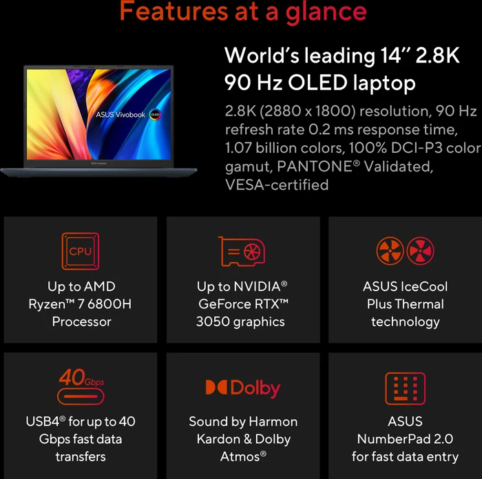ASUS VivoBook Pro 14 OLED M6400RC-KM003W, Cool Silver, Ryzen 7 6800H, 16GB RAM, 1TB SSD, GeForce RTX 3050, DE