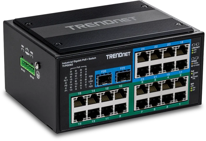 TRENDnet TI Hardened Industrial Railmount Gigabit Switch, 24x RJ-45, 2x SFP, 480W PoE+