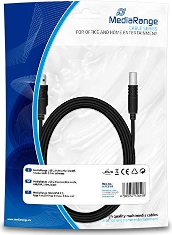 MediaRange USB 2.0 Anschlusskabel Stecker A auf Stecker B 3.0m schwarz