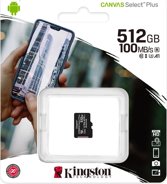 Kingston Canvas Select Plus R100/W85 512GB, UHS-I U3, A1, Class 10